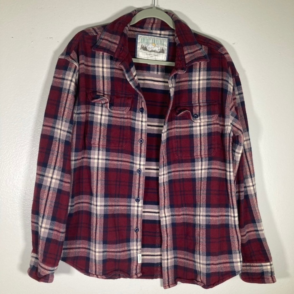 American Eagle Outfitters Mens Medium Flannel Plaid Button Down Shirt Burgundy